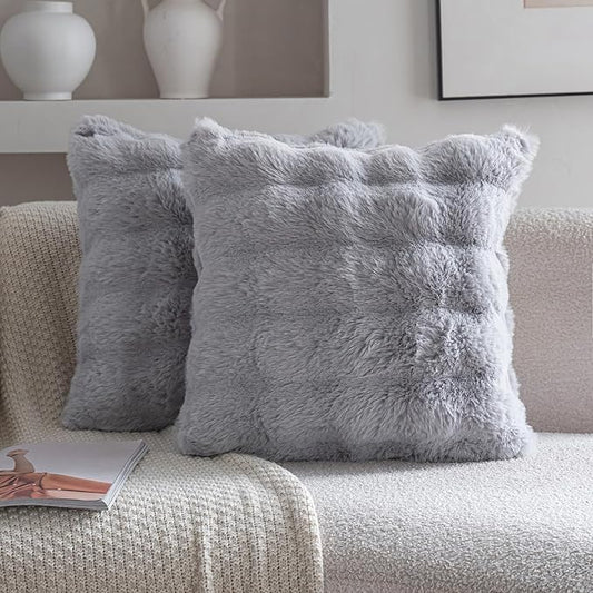 Neelvin Gray Faux Fur Cozy Soft Double-Sided Decorative Throw Pillow Covers 20x20 inch Set of 2,Velvet Pillowcase Cushion Case for Sofa Couch