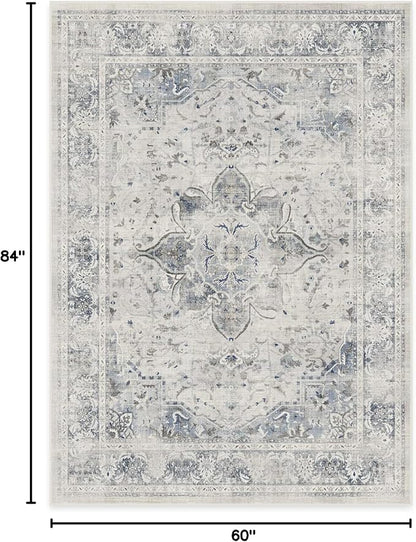 RUGGABLE Washable Vintage Area Rug – Sarrah Blue Quartz 5x7, Stain-Resistant, Non-Slip – Medium Machine Washable Rugs for Living Room, Bedroom, Hallway, Entryway & Office–with Cushioned Pad