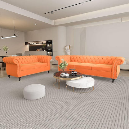 Chesterfield 3 Seater Sofa, Modern Velvet Tufted Couch 3 Seater with Rolled Arms and Nailhead Mid-Century Upholstered Couch for Living Room, Bedroom, Apartment and Office, Orange