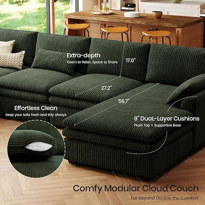 Belffin Large Modular Sectional Sofa with Double Deep Chaise and Loveseat, Corduroy U Shaped Couch with 9" Soft Dual-Layer 9 Seats Cushion for Living Room, Apartment, Green