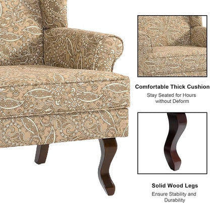 Accent Chair, High Back Upholstered Armchair with High Resilience Sponge & Wood Legs, Mid-Century Modern Comfy Single Sofa Reading Chairs for Living Room, Bedroom (Floral Light Brown, Set of 1)