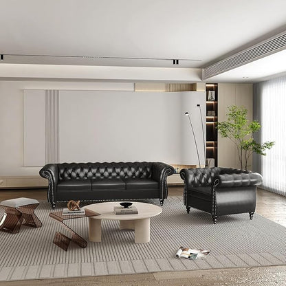 Chesterfield 3 Seater Sofa, Modern Leather Tufted Couch 3 Seater with Rolled Arms and Nailhead Mid-Century Upholstered Couch for Living Room, Bedroom, Apartment and Office, Black