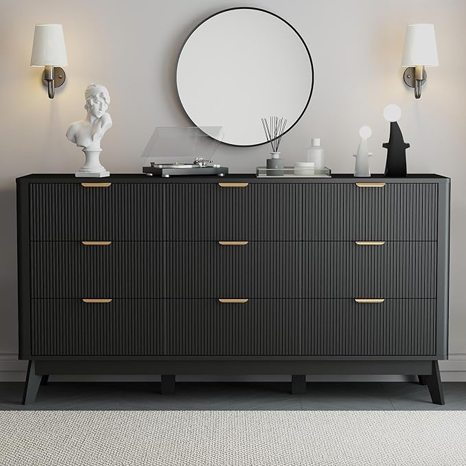 Fluted Dresser for Bedroom,59'' Modern Wooden Dresser with 9 Drawers, Bedroom Dressers, Natural Wood Chest of Drawers for Living Room, Hallway (Black)