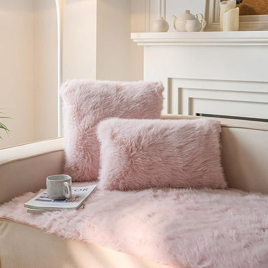 Neelvin Brown Faux Fur Cozy Fluffy Double-Sided Decorative Throw Pillow Covers 12x20 inch Set of 2,Velvet Pillowcase Cushion Case for Sofa Couch