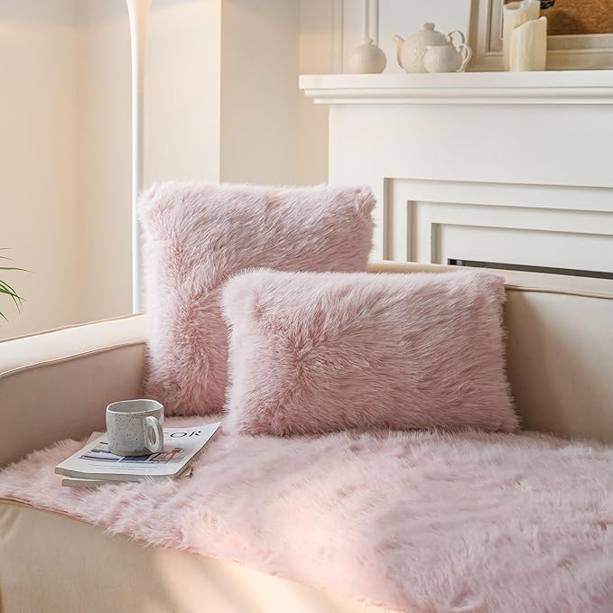Neelvin Pink Faux Fur Cozy Fluffy Double-Sided Decorative Throw Pillow Covers 20x20 inch Set of 2,Velvet Pillowcase Cushion Case for Sofa Couch