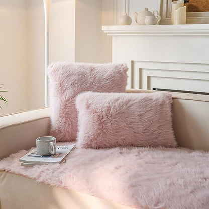 Neelvin Pink Faux Fur Cozy Fluffy Double-Sided Decorative Throw Pillow Covers 24x24 inch Set of 2,Velvet Pillowcase Cushion Case for Sofa Couch