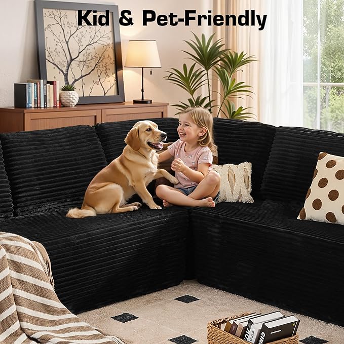 135'' Boneless Sectional Couch, Oversized U Shaped Modular Cloud Couches, Plush Corduroy Memory Foam Deep Seat Floor Sofa for Living Room, No Assembly Required, Black