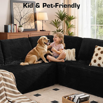 Weaxty Boneless Sectional Couch, Oversized L Shaped Modular Cloud Couches, Plush Corduroy Memory Foam Deep Seat Floor Sofa, No Assembly Required，Black