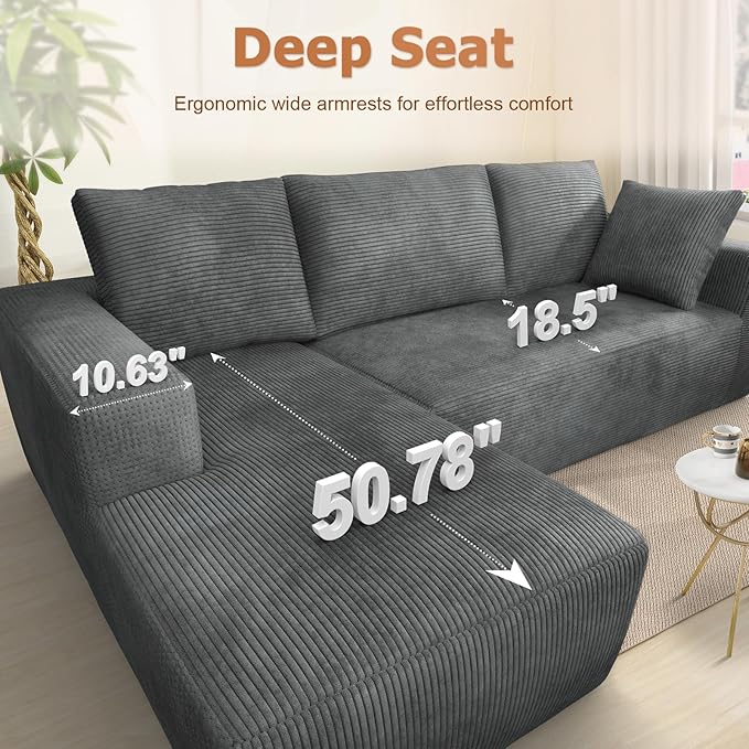 108” Cloud Sectional Couch, Modular Sectional Sofa with Deep Seat, Corduroy Boneless Couches with Chaise for Living Room Bedroom, No Assembly Required
