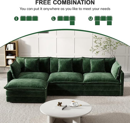 Modular Sectional Sofa, 111.5 Inch L-Shaped Cloud Sofa with Deep Seat Chenille Sofa with Cushions, Three-Self Sectional Sofa for Living Room Apartment,Evergreen