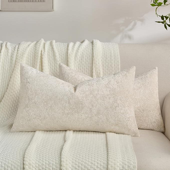FUTEI Cream Flannel Throw Pillow Covers 12x20 Inch Set of 2,Soft Dimensional Textured Lumbar Pillow Cases,Modern Home Decor for Couch Living Room
