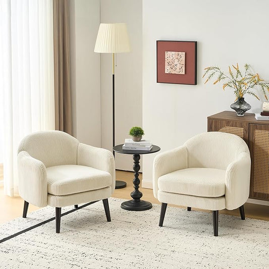 VINGLI 30.3" Wide Modern Barrel Accent Armchairs Set of 2 with Track Armrest, Solid Wooden Legs, Comfy Upholstered Club Chairs, Single Home Sofa for Living Room, Bedroom, Reading Room, Corduroy Beige