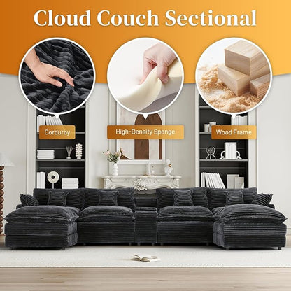 HYJT-H&K 145" U Shaped Cloud Couch Modular Dark Grey Sectional Couches for Living Room, Comfy Fluffy Corduroy Oversized Cloud Sectional Couch Large 6 Seat Sectionals Sofa Set Central Console USB Port