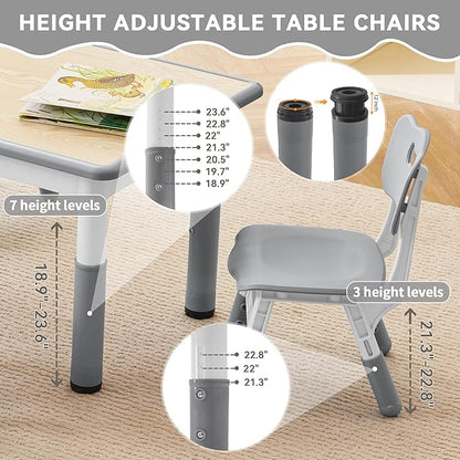Kids Study Table and Chairs Set, Height Adjustable Toddler Table and Chair Set for Kids Ages 3-8, 23.6" L x 23.6" W Graffiti Desktop Plastic Children Art Table with 4 Seats, W-Grey