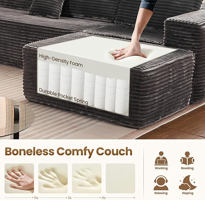 Cloud Sectional Couch with Chaise, Boneless U-Shaped Cloud Couch with Deep Seat, Soft Plush Modern Minimalist Sofa, Assembly Free Modular Floor Sofa for Office Living Room Apartment, Grey