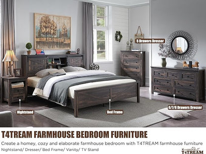 T4TREAM Farmhouse 6 Drawers Dresser for Bedroom, Wood Rustic Wide Chest of Drawers, Storage Dressers Organizer for Bedroom, Living Room, Hallway, Dark Rustic Oak