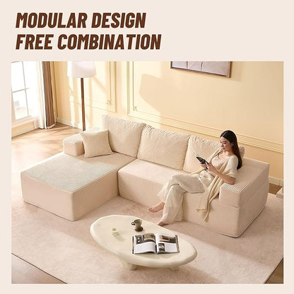 107" Boneless Couch with Deep Seat, Modular Sectional Sofa, Cloud Sectional Couch for Living Room, No Assembly Required, Corduroy, L-Shape Left，White