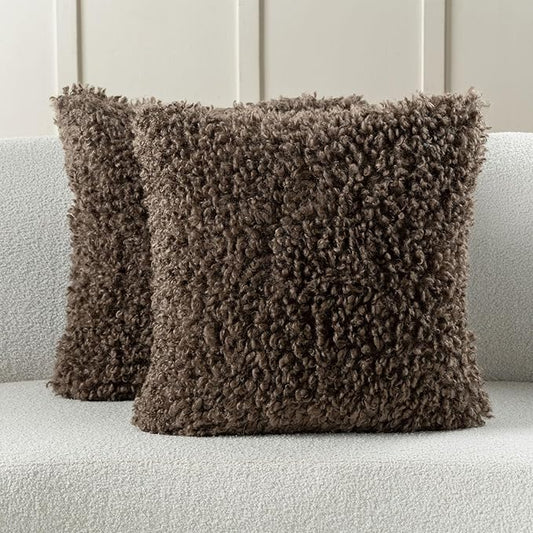 FUTEI Chocolate Decorative Throw Pillow Covers 24x24 Inch Set of 2,Soft Fluffy Faux Wool Fur Boucle Textured European Cushion Case,Modern Home Decor for Couch Bed Living Room Office