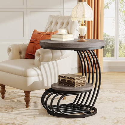Tribesigns Round End Table: 2 Tiers Wood Side Table with Storage Shelf, Rustic Gray Bedside Nightstand, Metal Arc-Shaped Frame Accent Table for Living Room, Bedroom