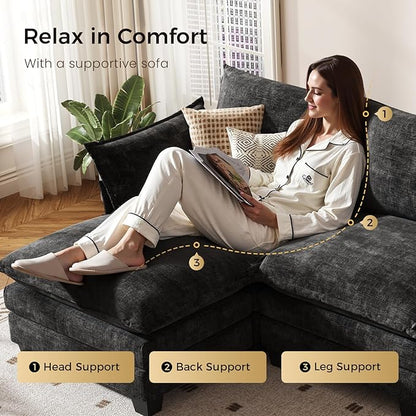 KKL Modular Sectional Sofa Bed, 4 Seater Convertible L-Shaped Sleeper Cloud Couch with Ottoman, Chenille Sectional Couches for Living Room, Apartment Black