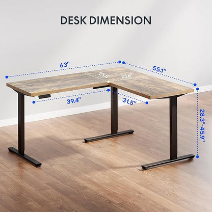 FLEXISPOT L Shaped Standing Desk, 63 x 55 Inch Electric Height Adjustable Corner Desk, Sit Stand Computer Workstation, Preset Controller, Home Office, Black Frame with Rustic Brown Top