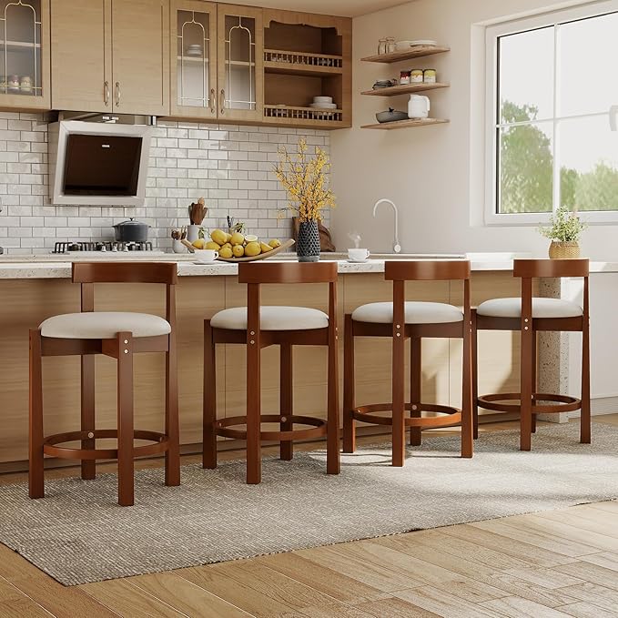 COSTWAY 24'' Counter Height Bar Stools Set of 4, Linen Upholstered Bar Chairs with Backrests and Footrests, Wood High Barstools for Kitchen Island and Dining Room (Walnut)