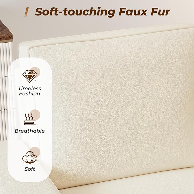 Furnimart 58" Wide Plush Loveseat, 2-Seater Sofa with Dual-Port USB Charger & Cup Holders, Terry Fabric, Modern Accent Couch for Small Spaces, Apartment, Living Room(Terry-Beige)