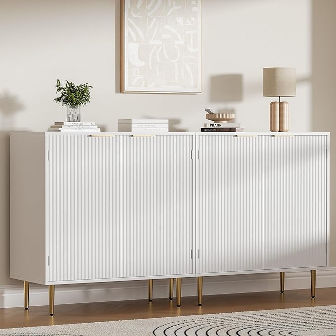 Buffet Sideboard Cabinet [Set of 2] with 4 Doors, Modern Cabinet with with Adjustable Shelf, Golden Handles & Legs, Coffee Bar Sideboard for Kitchen, Living Room, White