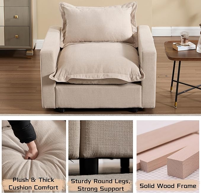 chairus 97" Modular Sectional Sofa with Moveable Ottoman Upholstered Deep Seat Linen Couch Set with Soft Pillows L-Shape Sofa Couch for Living Room, Apartment, Reception Room, 3-Seater/Oatmeal
