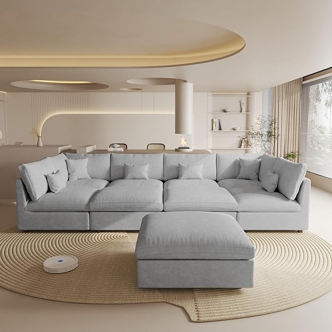 Oversized Modular Sectional Sofa with Chaise,192inch Cloud Couch Deep Seat Sofa Cushion Covers Removable, Down Filled Linen 9 Seater Sectional Couches for Living Room, Gray