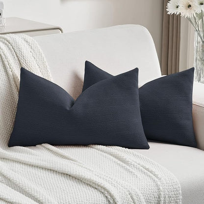 FUTEI Navy Blue Chenille Decorative Throw Pillow Covers 12x20 Inch Set of 2,Soft Cozy Striped Geometric Patterns Lumbar Pillow Cases,Modern Home Decor for Couch Bed Living Room