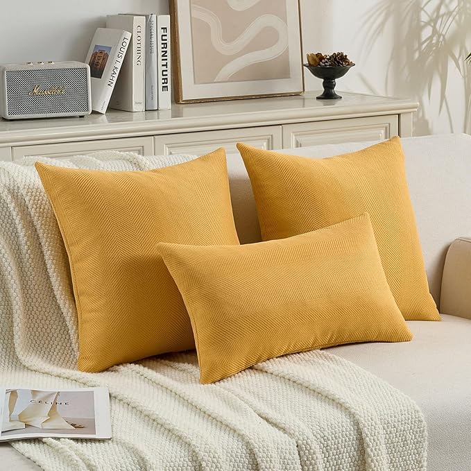FUTEI Mustard Yellow Chenille Throw Pillow Covers 18x18 Inch Set of 2,Soft Wide Chevron Textured Cushion Case,Farmhouse Home Decor for Couch Bed Living Room