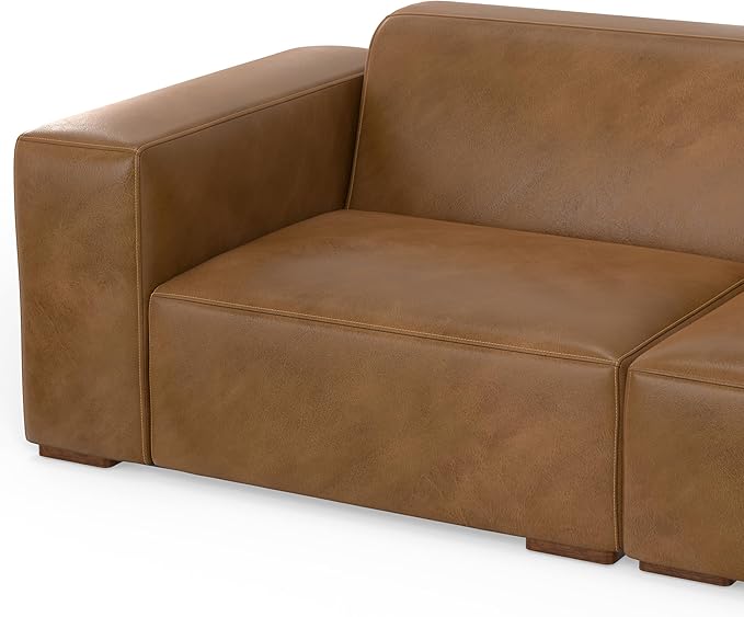 SIMPLIHOME Rex Modular Sofa and Ottoman Set in Full-Grain Genuine Leather, Caramel Brown, 88-inch-Wide 2-Seater Leather Couch and Matching 34-inch-Wide Table Ottoman for Living Room