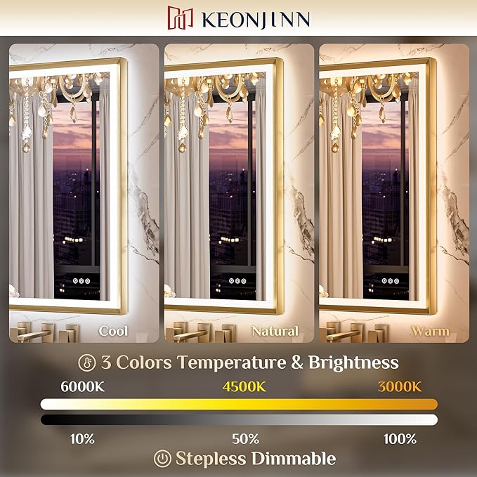 Keonjinn 24” x 32” LED Bathroom Mirror with Frontlit & Backlit, Gold Metal Framed Beveled Edge Mirror for Wall, LED Mirror with Anti Fog, Stepless 3-Color Temperatures, UL-Listed LED Driver