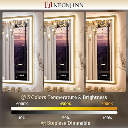 Keonjinn Gold LED Bathroom Mirror 40 x 24 Inch with Frontlit & Backlit, Lighted Mirrors Metal Framed for Wall, Stepless 3 Colors Lights, Anti Fog, Tempered Glass, Brighter and No Dark Corner