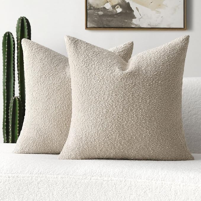 FUTEI Pack of 2 Beige Decorative Throw Pillow Covers 26x26 Inch Soft Cozy Solid Boucle Textured Euro Pillow Shams,Modern Home Decor for Couch Bed Living Room