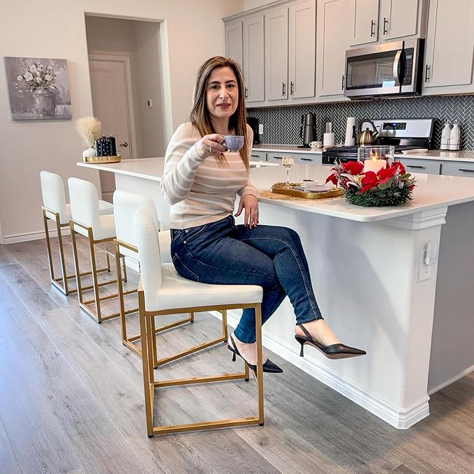 ALPHA HOME 24 Inch Bar Stools Set of 3, Kitchen Counter Stools with Backs, PU Leather Barstools, White Bar Stools with Upholstered Footrest, Sturdy Chromed Metal Steel Frame, Off-White
