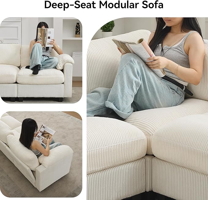 87'' U-Shaped Sectional Sofa with Ottoman, 5-Seater Modular Couches for Living Room, Corduroy Deep Seat Cloud Sofa with Center Stitched, Beige
