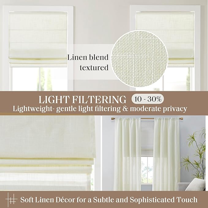 Madison Park Kyler Cordless Roman Shades - Single Panel, Lightweight Linen Blend Fabric, Natural Design, Easy Installation, Light Filtering Window Blind, Bedroom, Living Room Decor 31"W x 64"L Ivory