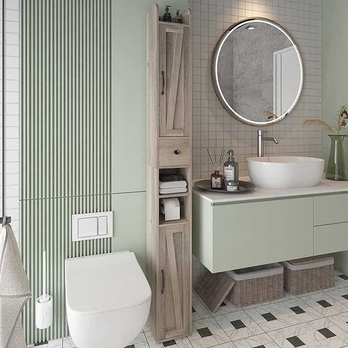 Bathroom Cabinet with Adjustable Shelf, Storage Cabinet for Small Space, Tall Bathroom Storage Cabinet with Retractable Toilet Paper Rod, Narrow Cabinet with 2 Doors, 8 Compartment, Brown Gray