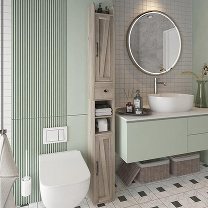 Bathroom Cabinet with Adjustable Shelf, Storage Cabinet for Small Space, Tall Bathroom Storage Cabinet with Retractable Toilet Paper Rod, Narrow Cabinet with 2 Doors, 8 Compartment, Brown Gray