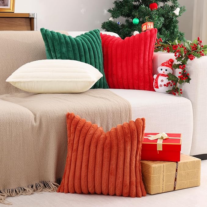 Pallene Faux Fur Plush Christmas Throw Pillow Covers 18x18 Set of 2, Luxury Soft Fluffy Striped Decorative Pillow Covers for Sofa, Couch, Living Room, Christmas Green