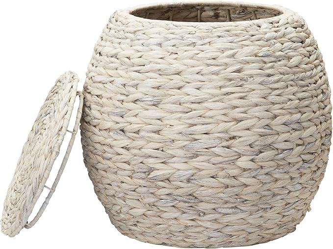 Household Essentials Handwoven Water Hyacinth Barrel Wicker Storage Basket Side Table, Cream Finish