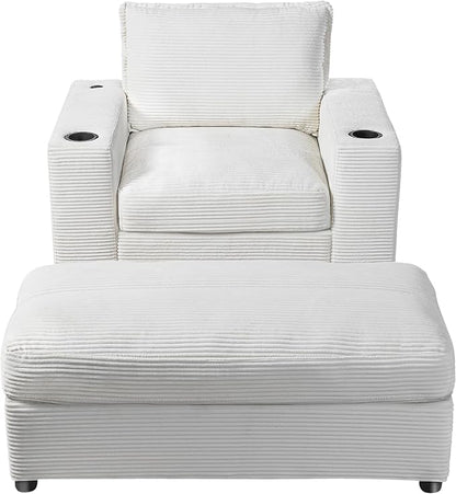 Christopher Knight Home Zoe Oversized Chaise Lounge Chair Indoor with Cup Holders & USB Charging Port, Corduroy Upholstered Sofa Bed + Ottoman with Storage, Comfy Deep Seat Sleeper Sofa Chair, Beige