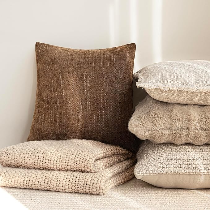 Foindtower Set of 2 Textured Chenille Throw Decorative Pillow Covers Square Accent Solid Cushion Cover Neutral Farmhouse Lumbar Pillow Case for Couch Sofa Bedroom Living Room 12x20 Inch,Dark Bronze