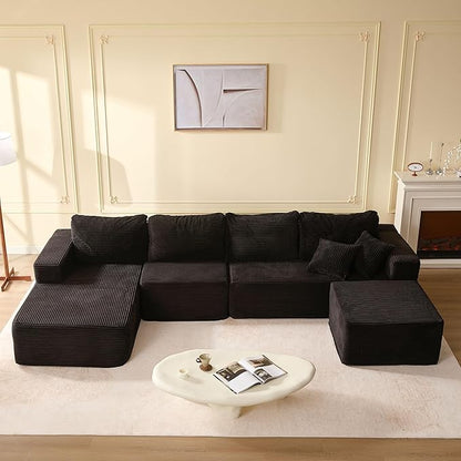 138" Boneless Couch with Deep Seat, Modular Sectional Sofa, Cloud Sectional Couch for Living Room, No Assembly Required, Corduroy, U-Shape 4 Seater Left, Black
