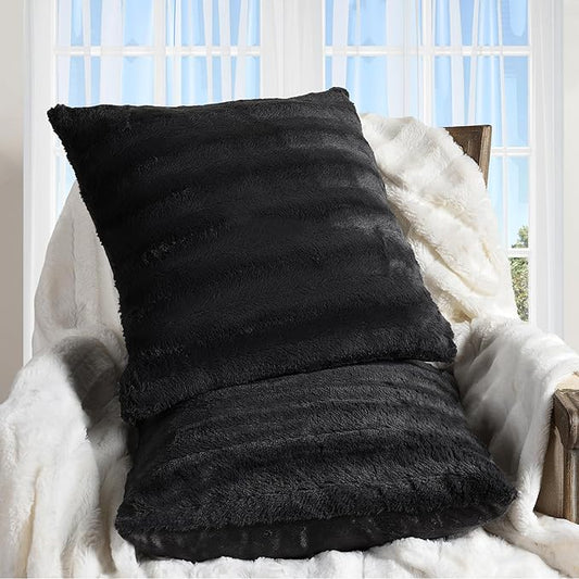 Cheer Collection Faux Fur Throw Pillows - Decorative Pillows for Couch, Bed Throw Pillows, Black Accent Pillows for Bedroom or Living Room Aesthetic, Set of 2 Furry Throw Pillows, 26" x 26"