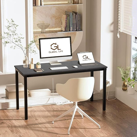 47 inch Large Computer Desk Wood, Modern Simple Style Desk for Home Office, Bedroom, Study Student Writing Desk, Small Spaces, Black Metal Frame, Dark Walnut Top