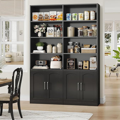 FACBOTALL Bookshelf and Bookcase with Doors, 6 Tier Double Wide Large Bookshelves, Open Display Shelves, 73'' Tall Bookshelf with Storage Cabinets for Home Office, Living Room, Library, Black