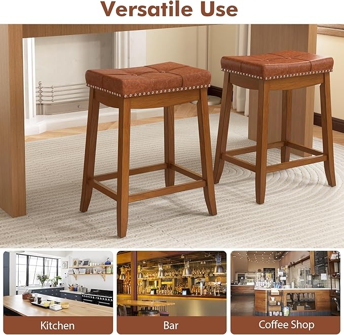 COSTWAY Saddle Bar Stools Set of 2, 25-Inch Counter Height Barstools w/PU Leather Seat, Solid Rubber Wood Frame, Footrest, Mid-Century Backless Counter Stools for Kitchen Island Home Bar